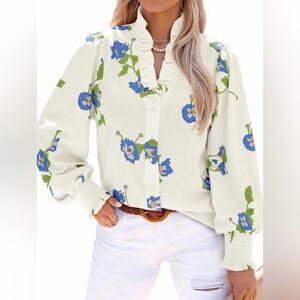Tankaneo Floral Ruffle Button Dressy Casual Long Puff Sleeve Boho V Neck Blouse
